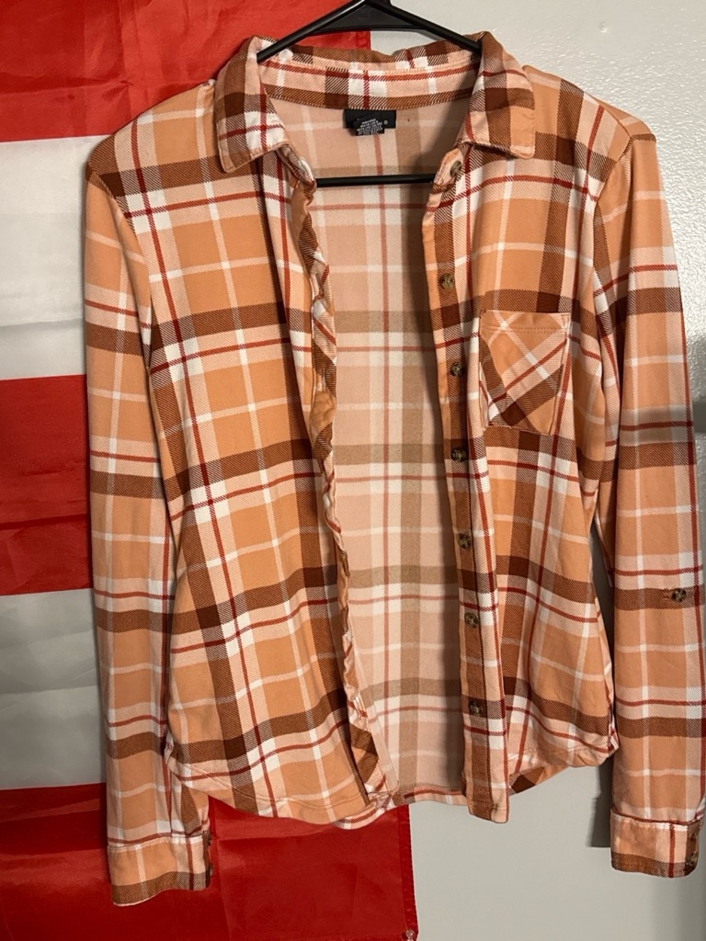 Rue21 Peach and Brown Plaid Button-Up Cardigan
